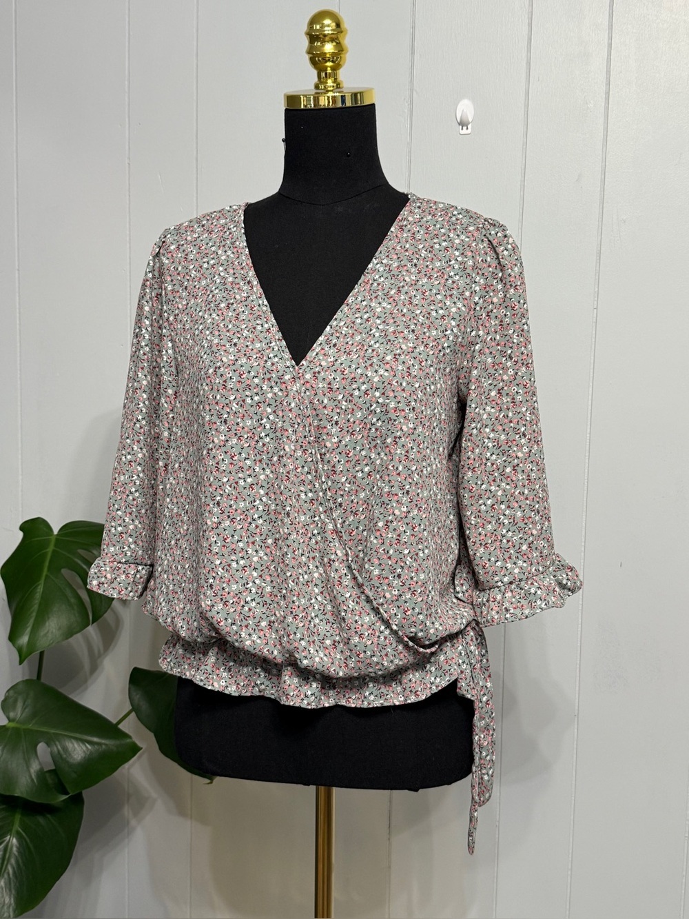 #1)  Sienna Sky Pink Floral Surplice Blouse with Side Tie